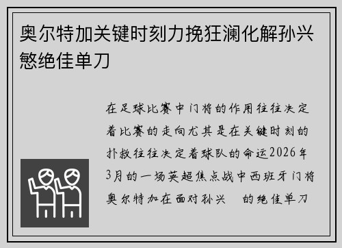 奥尔特加关键时刻力挽狂澜化解孙兴慜绝佳单刀