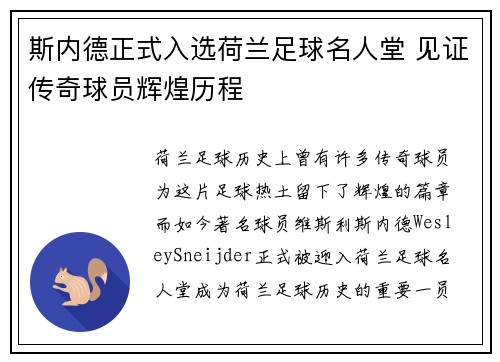 斯内德正式入选荷兰足球名人堂 见证传奇球员辉煌历程 斯内德正式入选荷兰足球名人堂 见证传奇球员辉煌历程